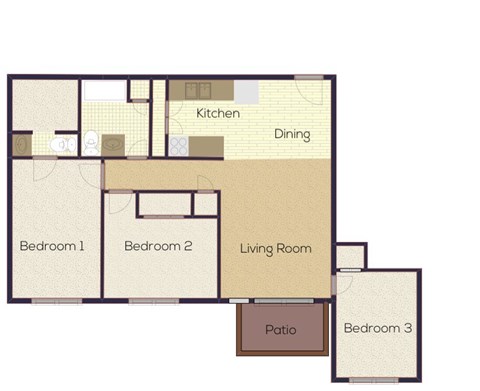 A floor plan of a house with a kitchen, dining area, living room, and three bedrooms.